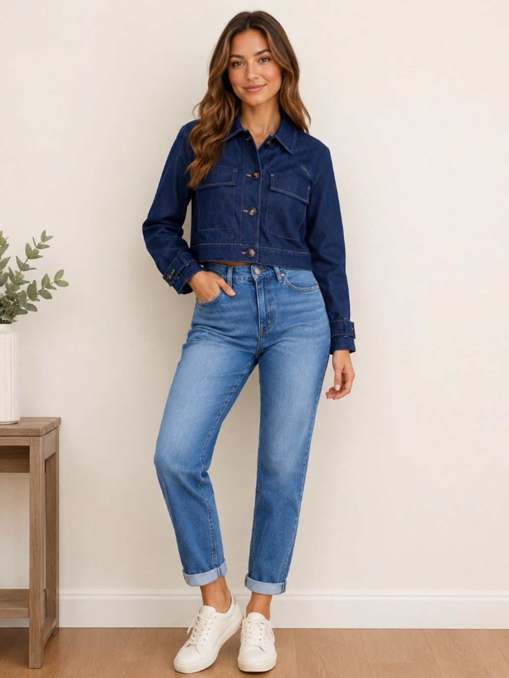 ara Cropped Denim Jacket Womens S Button Front Flap Pocket Dark Wash
